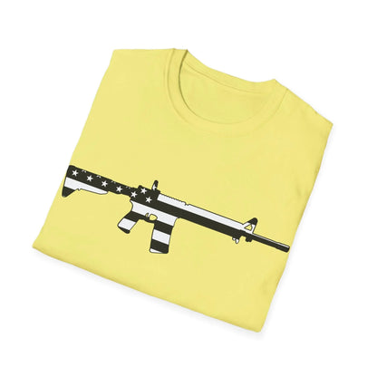 Close-up of the black and white American flag eagle print on the front chest of the unisex softstyle T-shirt, highlighting