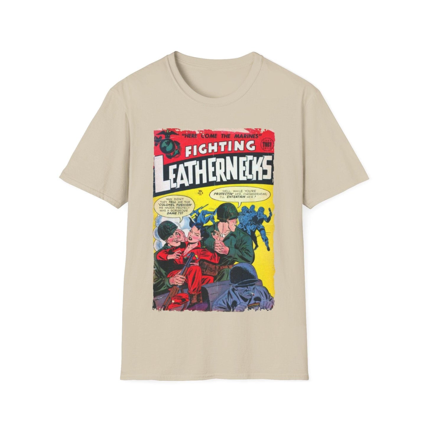 Close-up of the Fighting Leathernecks #3 unisex T-shirt collar showing the smooth crew neckline and reinforced stitching in