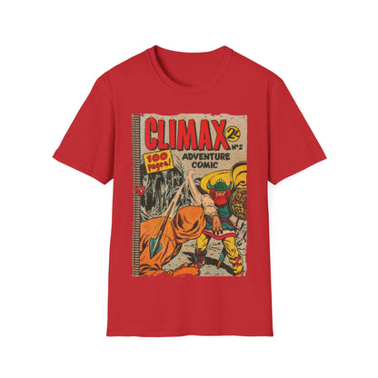 Close-up of the Climax No.2 unisex softstyle T-shirt’s collar and overhead stitching in vibrant crimson color highlighting