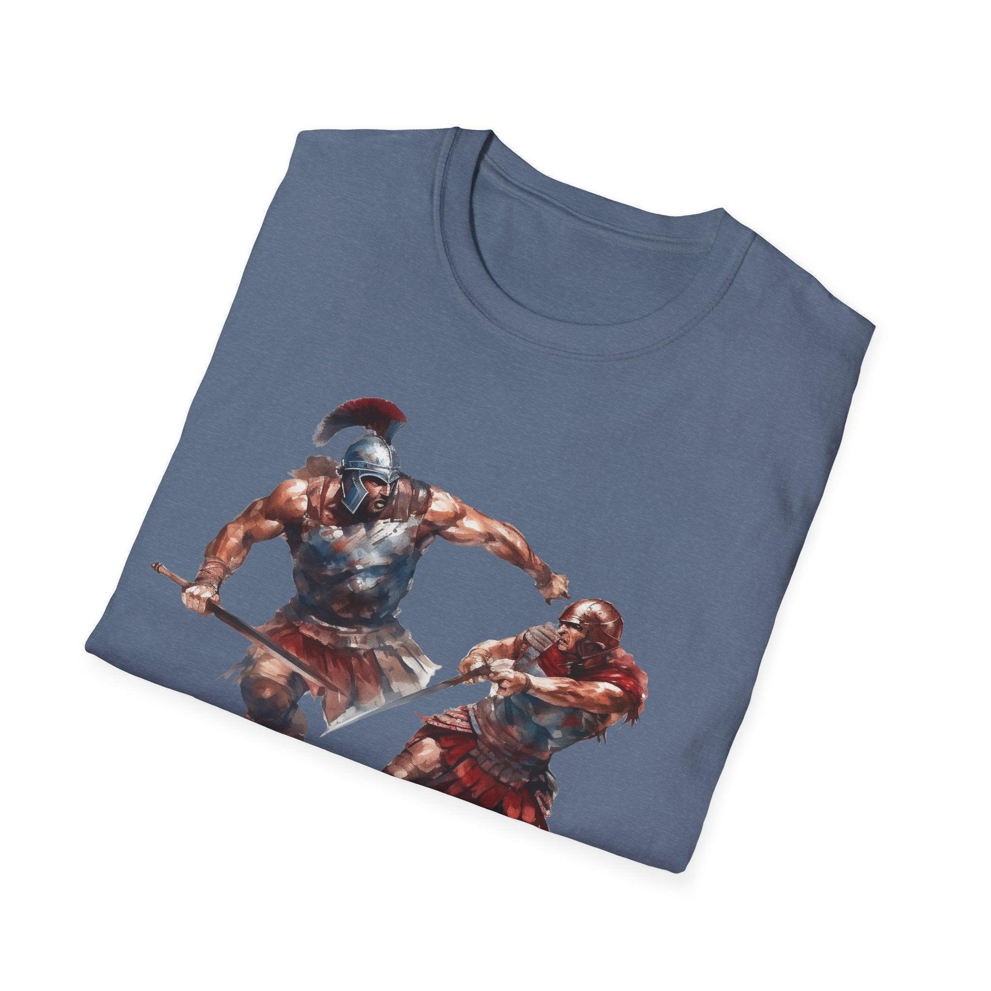 Close-up of the charcoal gray fabric's soft texture and subtle heather pattern on the unisex slim-fit T-shirt neckline and