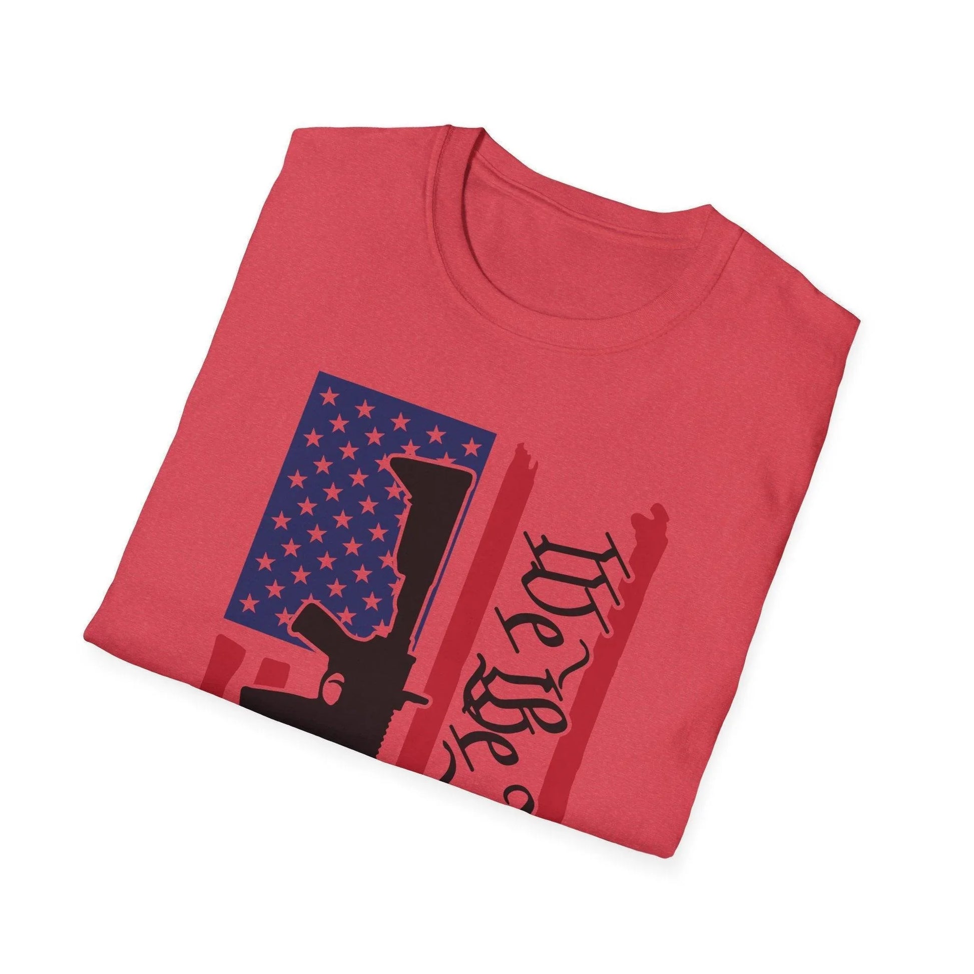 Close-up of distressed American flag graphic on soft cotton fabric, highlighting vibrant colors and worn-texture detail in