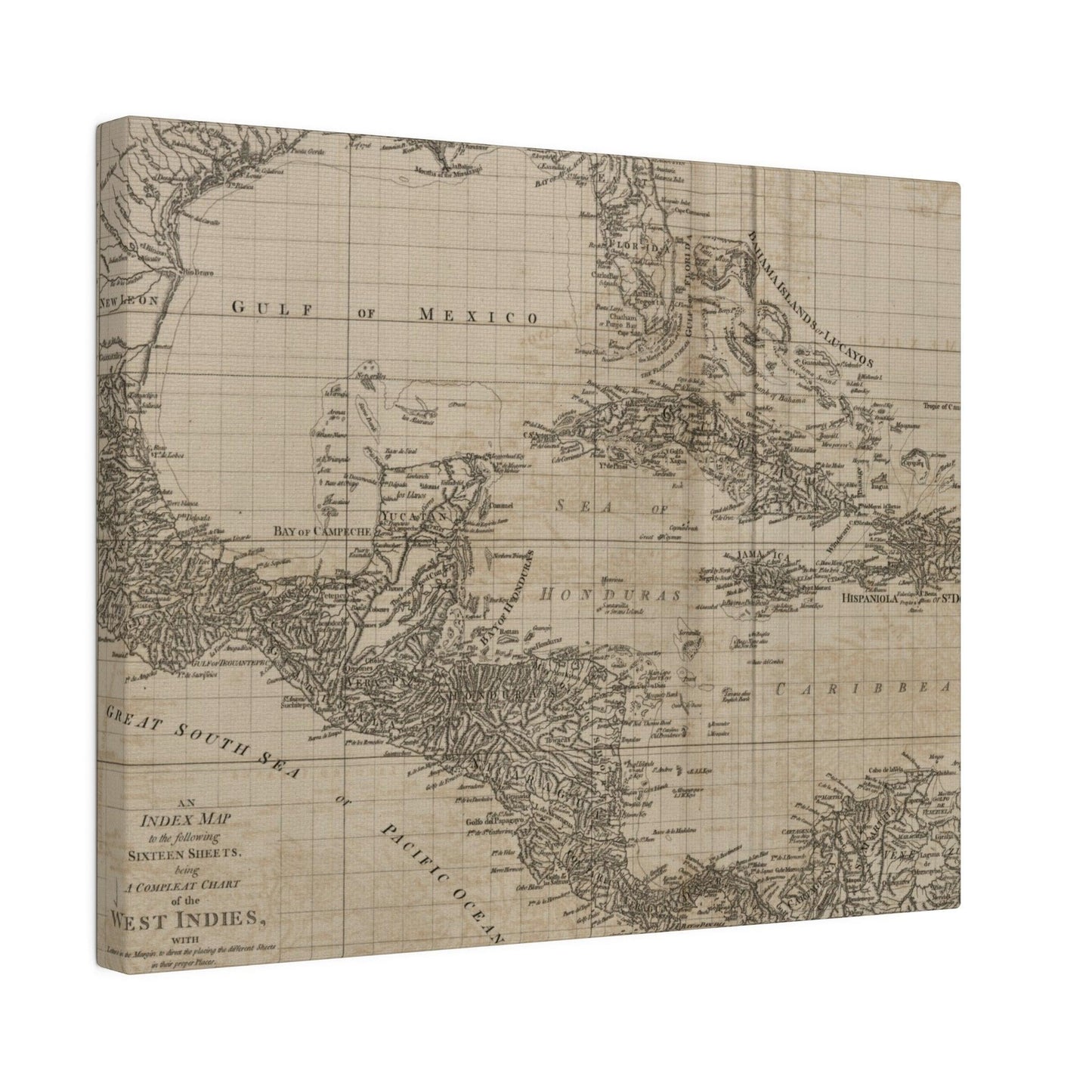 Close-up of the vintage-style map detail highlighting the intricate West Indies cartography and warm color palette on