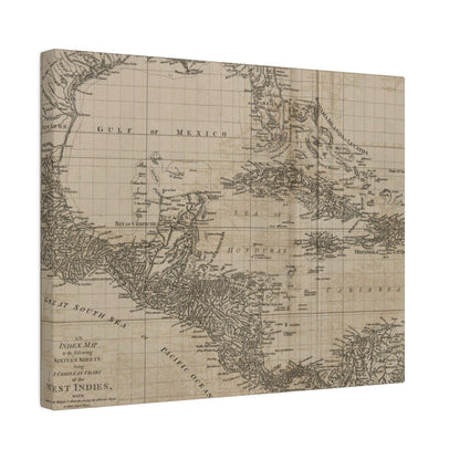 Close-up of the vintage-style map detail highlighting the intricate West Indies cartography and warm color palette on