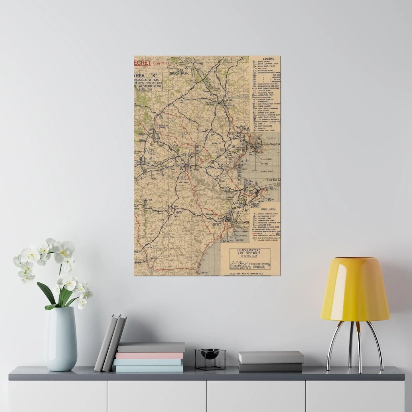 Close-up of detailed map markings and handwritten annotations on the southwestern zone section of the Operation Overlord