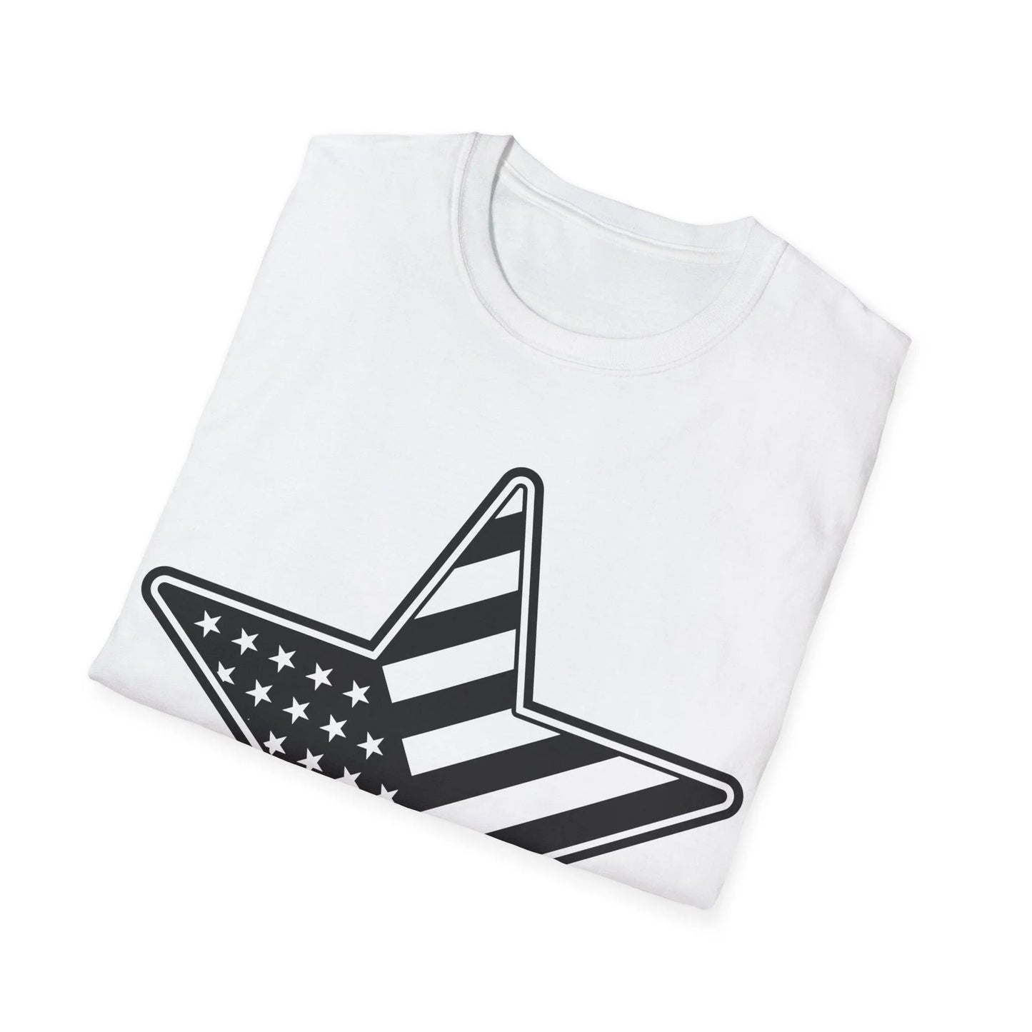 Close-up of the American Flag Star B&W T-shirt’s chest embroidery showing detailed stitching on soft cotton fabric with a