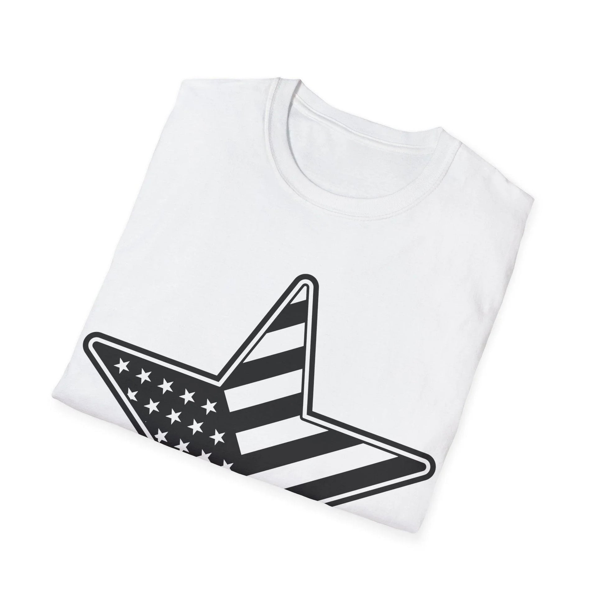 Close-up of the American Flag Star B&W T-shirt’s chest embroidery showing detailed stitching on soft cotton fabric with a