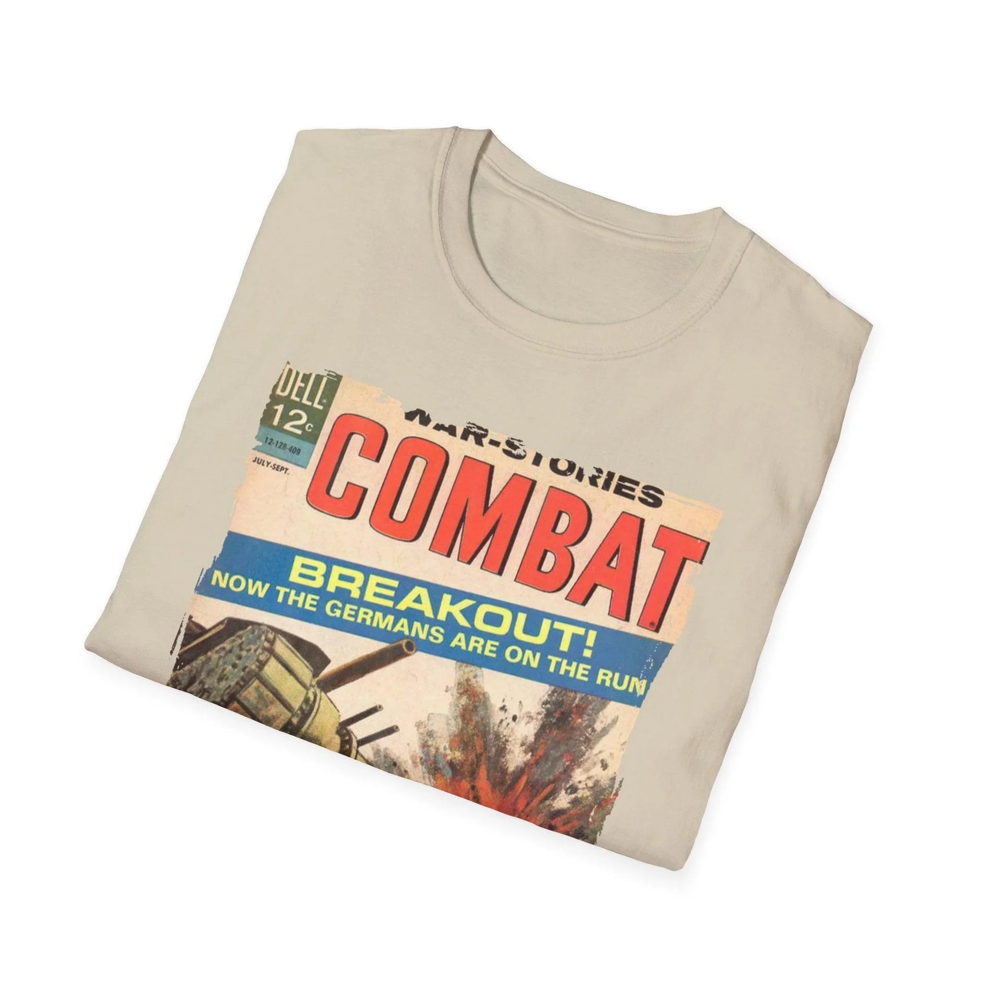 Close-up of the Combat Sept 1964 T-shirt's smooth, heathered olive-green fabric showing subtle texture and relaxed fit