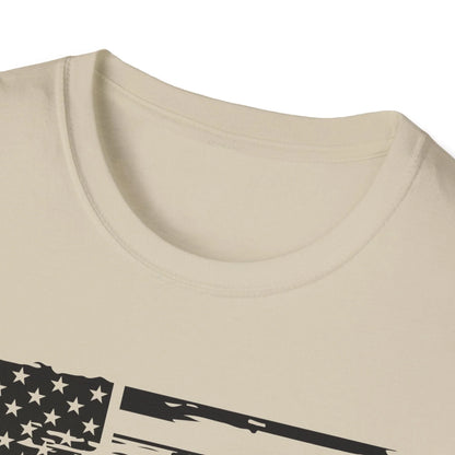 Close-up of distressed American flag black and white print highlighting fabric texture and soft cotton blend of unisex