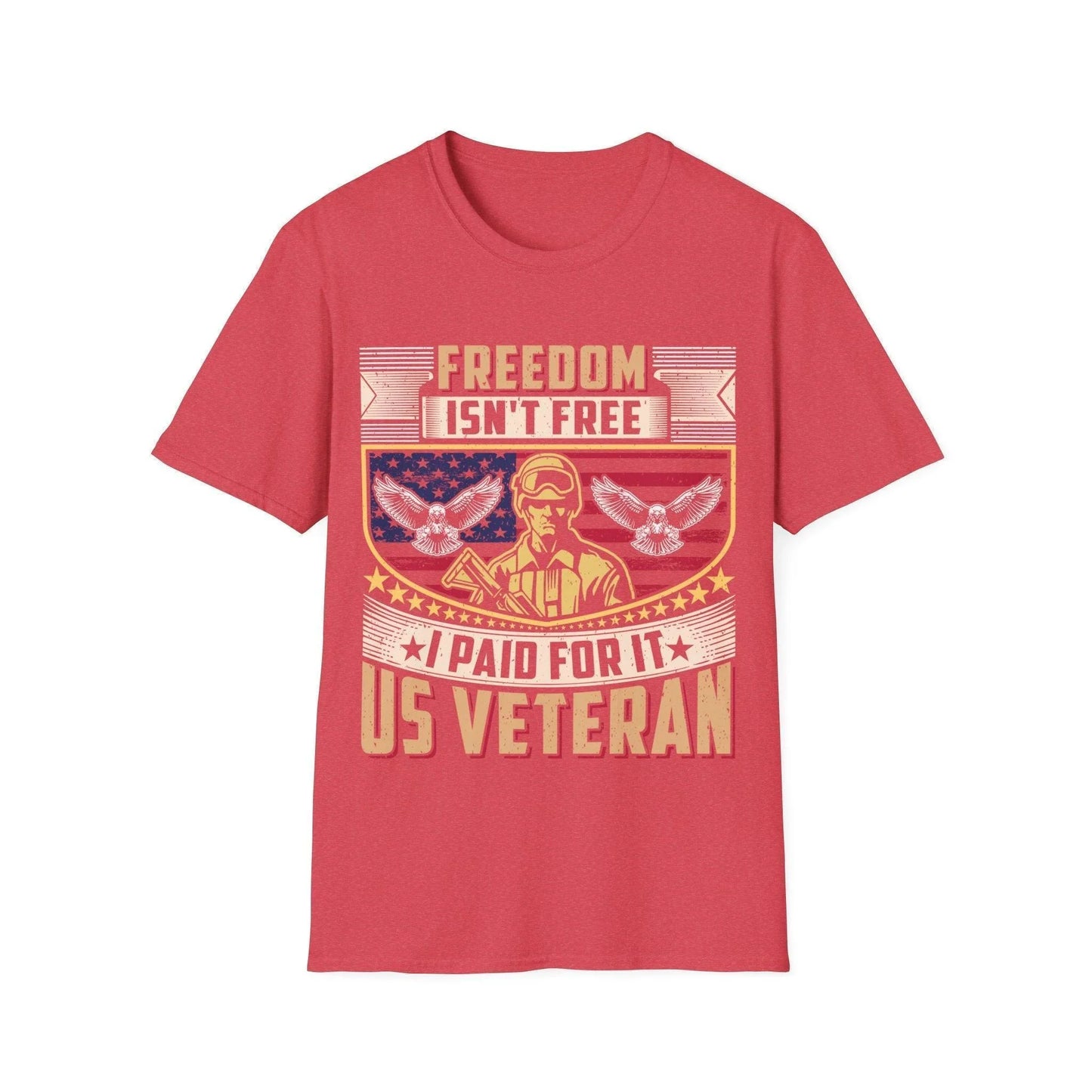 Close-up of the T-shirt’s front neckline featuring the vibrant ‘Freedom Isn’t Free’ printed slogan on soft cotton fabric