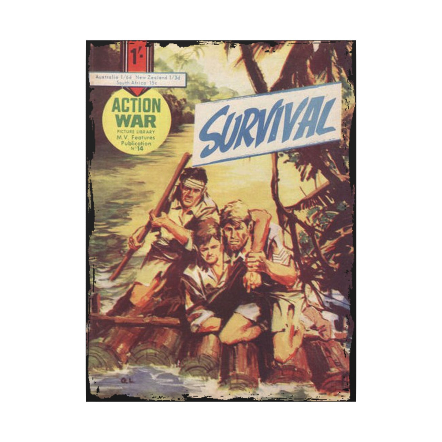 Close-up of the textured canvas surface highlighting subtle brushstroke details and vibrant color accents from the Action