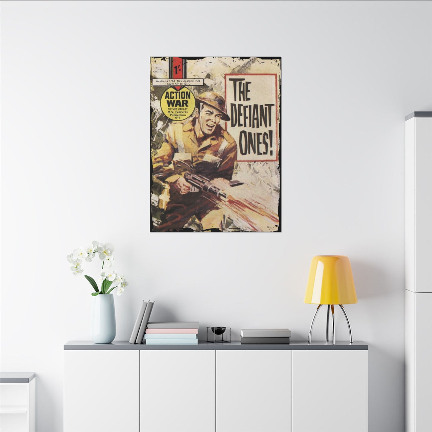 Close-up of the Canvas material’s textured surface highlighting detailed brushstroke patterns and vibrant color accents on