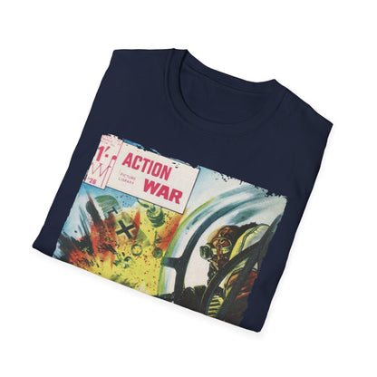 Close-up of the unisex softstyle T-shirt's printed neckline label with woven branding detail and smooth fabric texture.