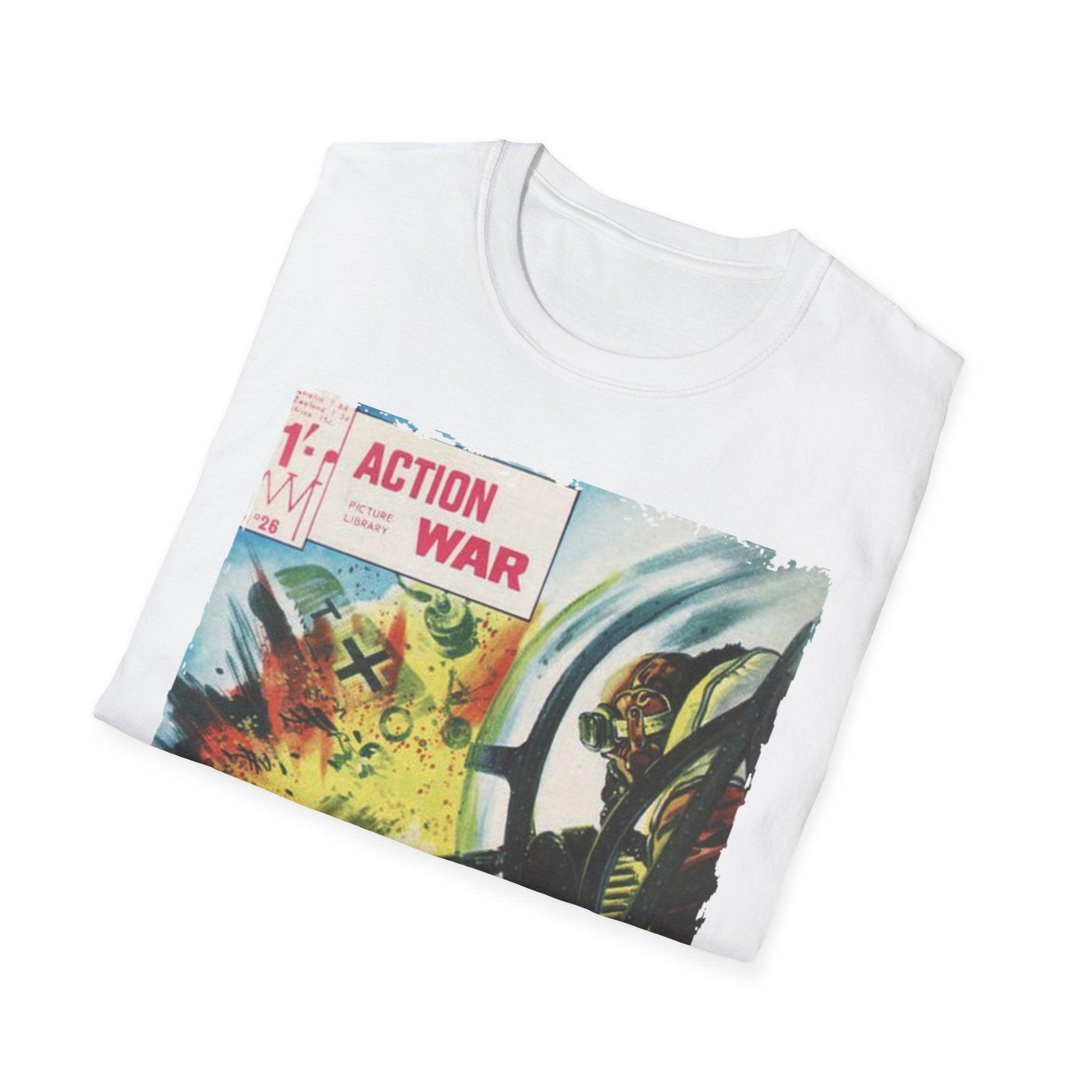 Close-up of the unisex softstyle cotton fabric showing subtle heather pattern and relaxed fit neckline from a front