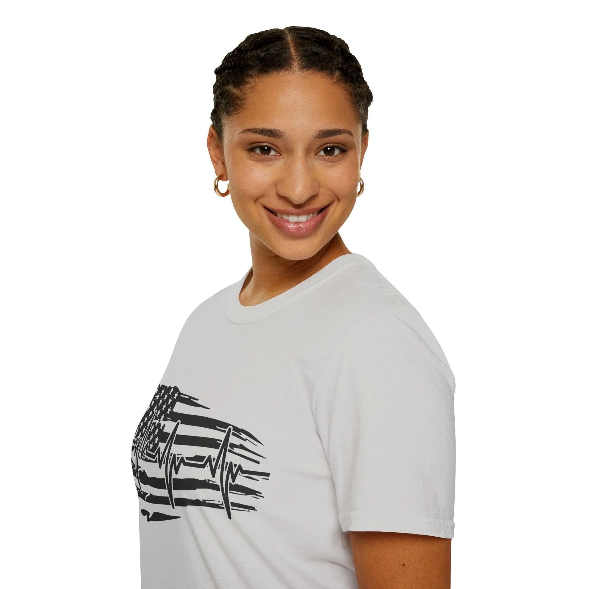 Image of the distressed black and white flag heartbeat graphic on the front chest of the unisex softstyle T-shirt