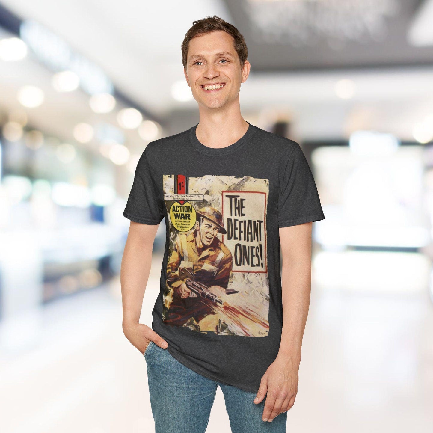 Close-up of the unisex softstyle T-shirt neckline highlighting the relaxed fit and smooth cotton-blend fabric texture in