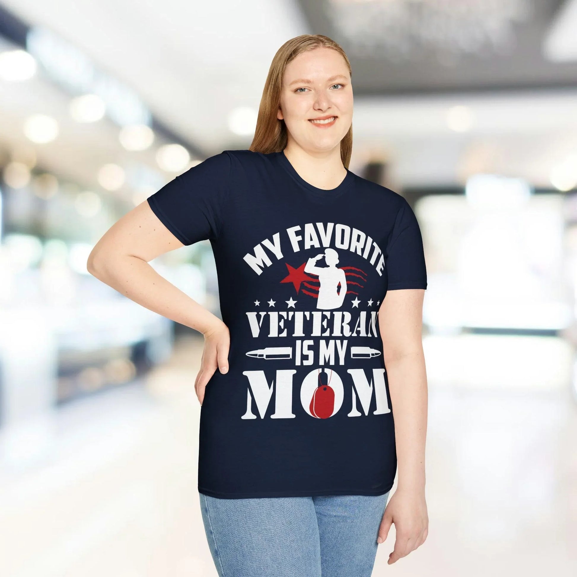 Close-up of the soft cotton fabric and subtle heather texture of the unisex navy Favorite Veteran Mom T-Shirt, highlighting