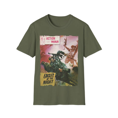 Close-up of the unisex softstyle T-shirt's fabric texture and subtle heather pattern in deep navy, showcasing relaxed fit