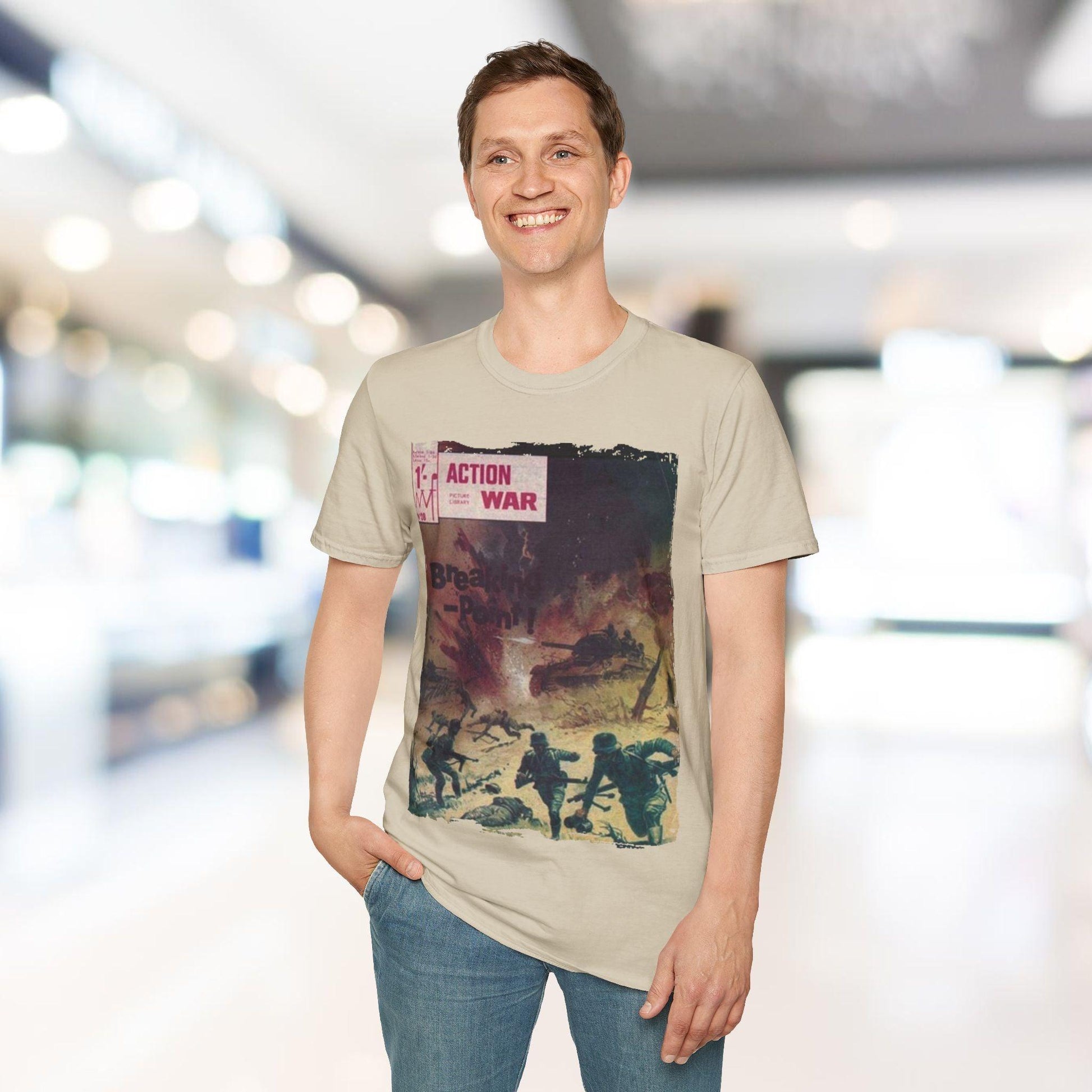 Close-up of the unisex softstyle T-shirt fabric showing its smooth, relaxed fit in vibrant red with a visible seam detail at