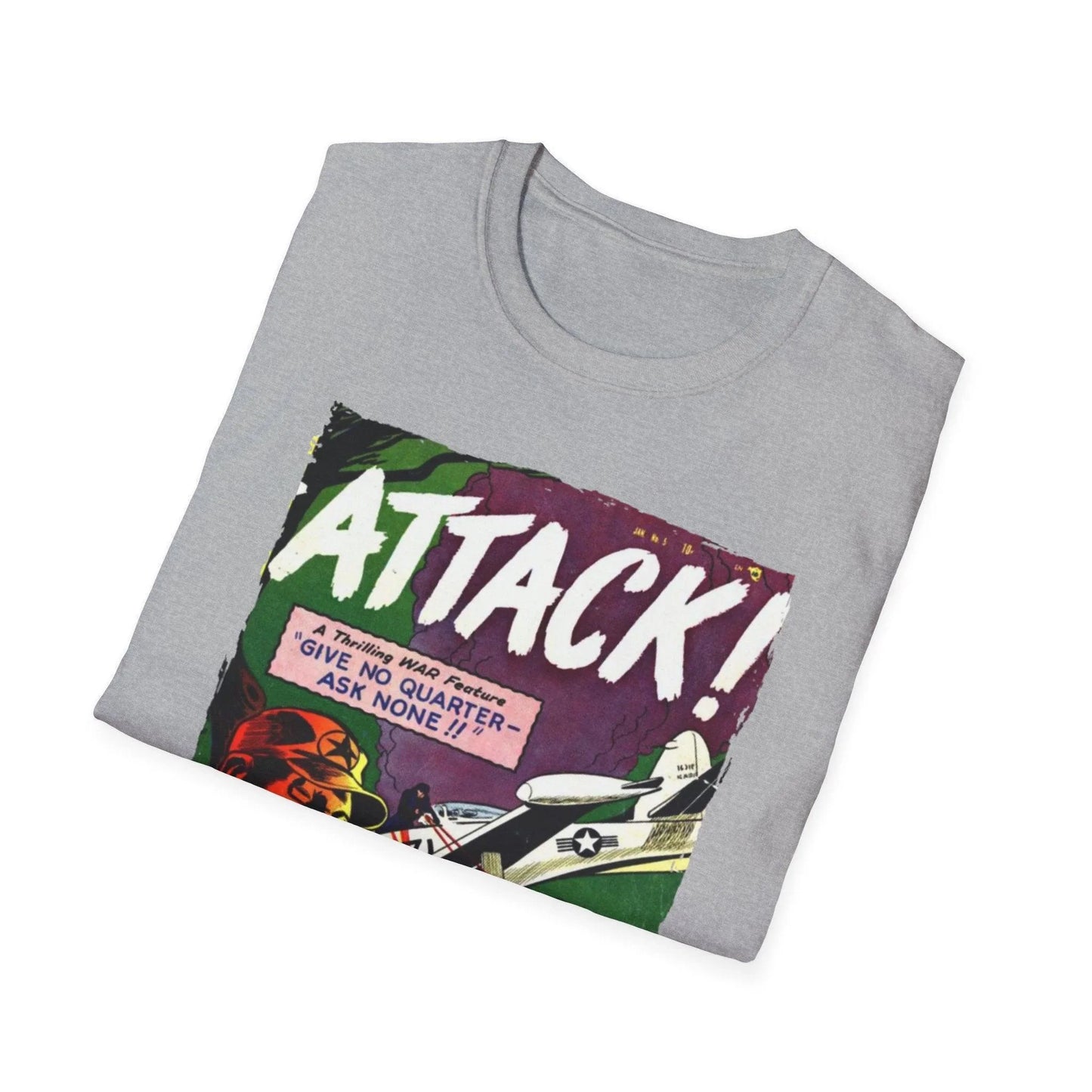 Close-up of the Attack! No. 5 unisex softstyle T-shirt neckline showing double-stitched collar and smooth fabric texture in