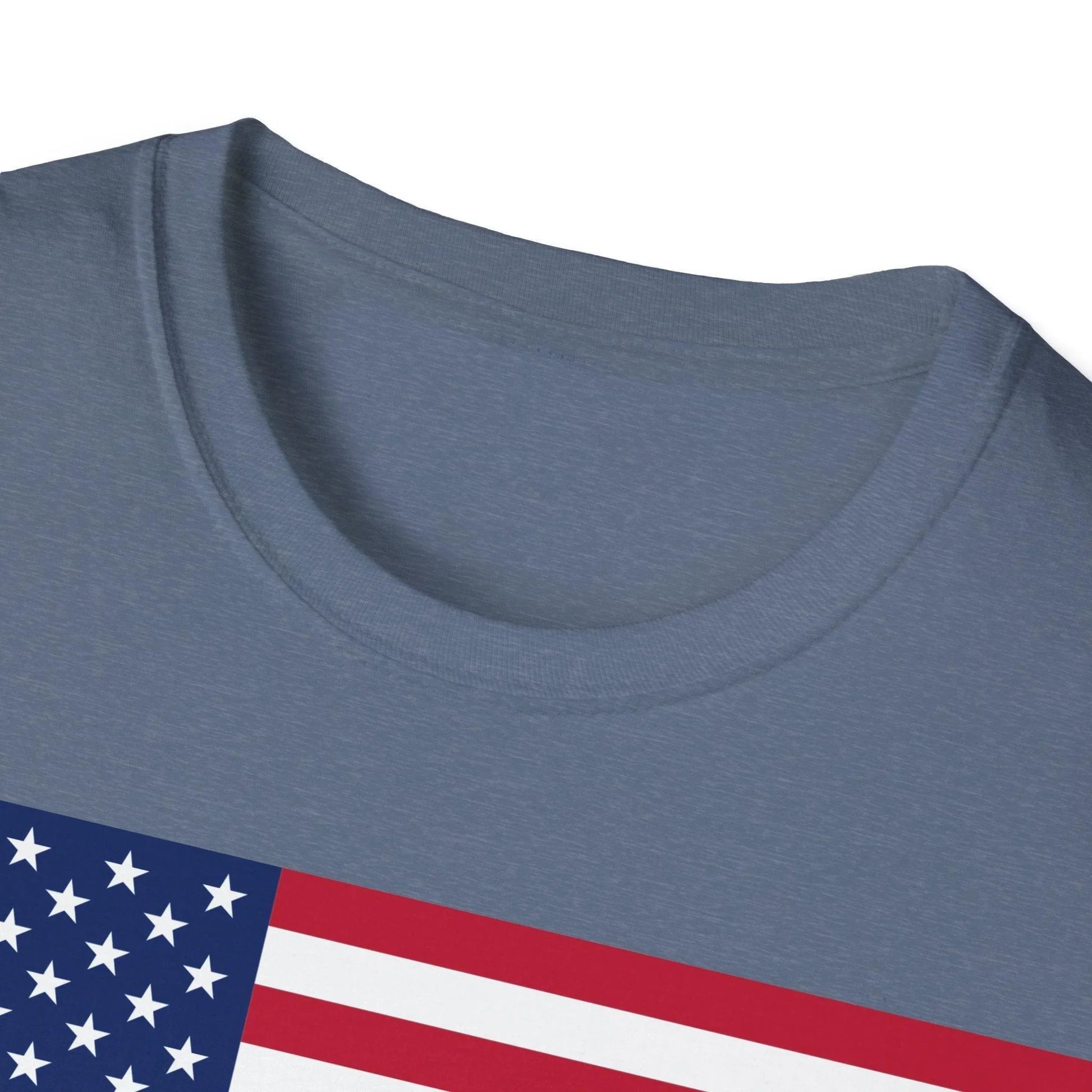 Close-up of the American Flag Heartbeat T-shirt's soft cotton fabric and curved neckline detail from a front angle.