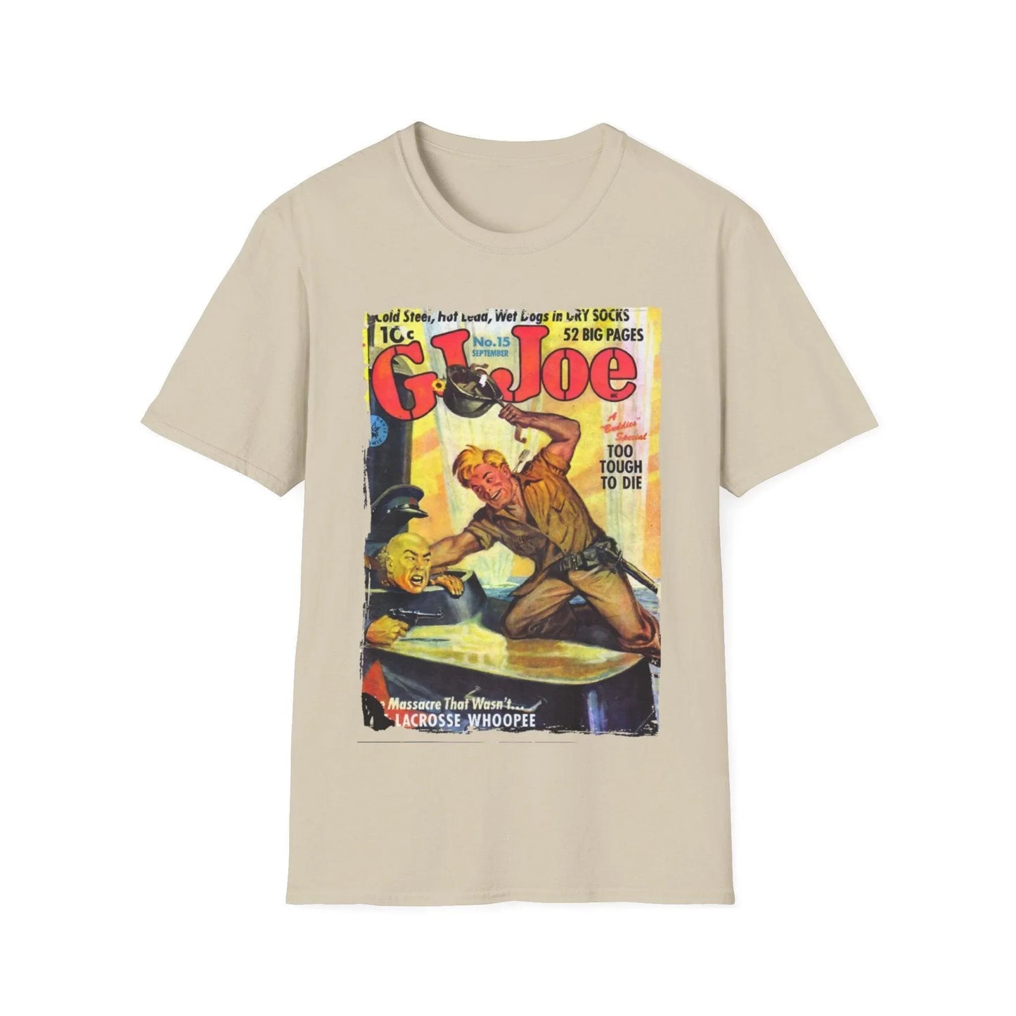 Close-up of the G.I. Joe No.15 softstyle T-shirt's relaxed fit, showing vibrant navy color and smooth cotton fabric texture