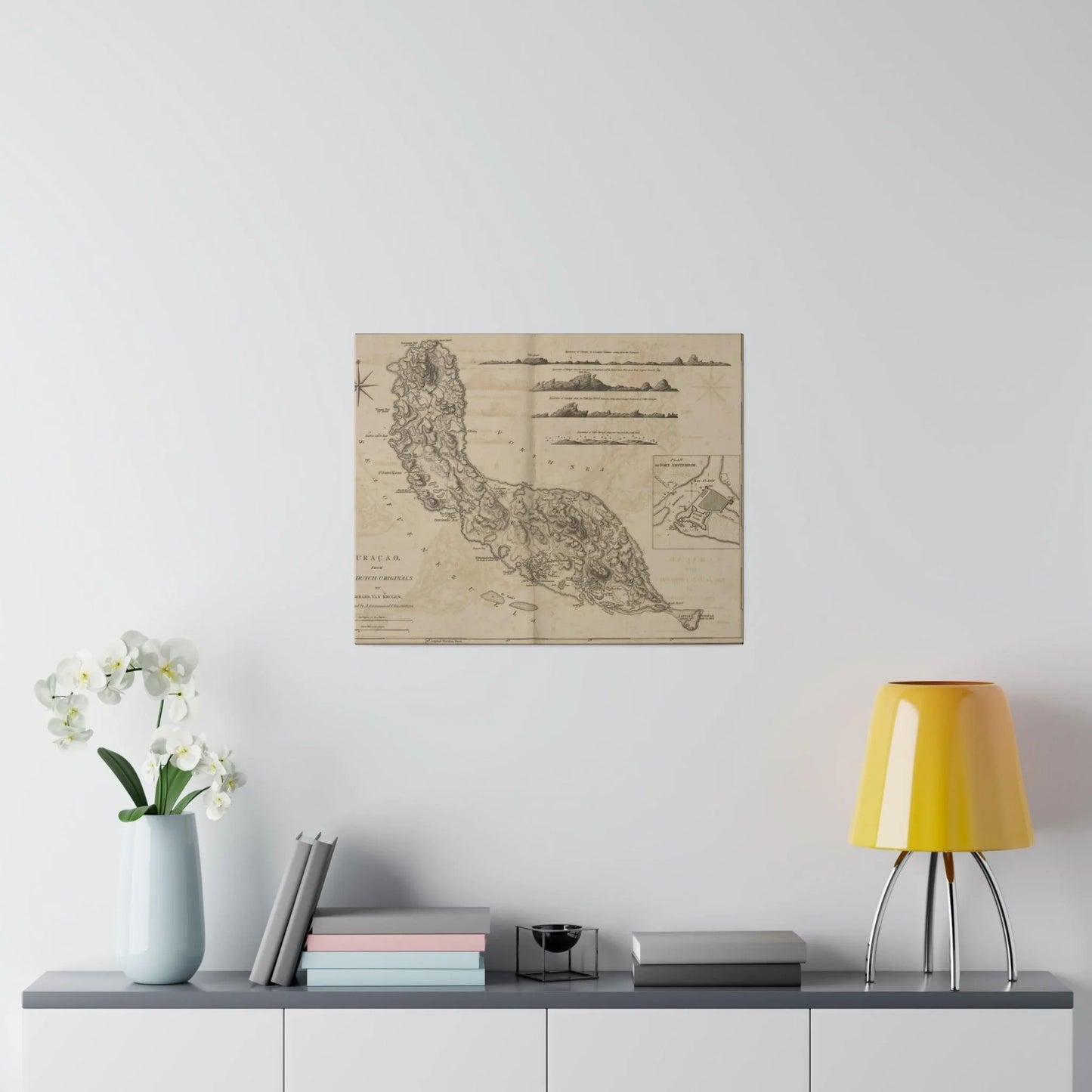 Close-up of the detailed canvas texture and brushstrokes depicting Curacao’s vibrant blue and orange hues from Gerard Van