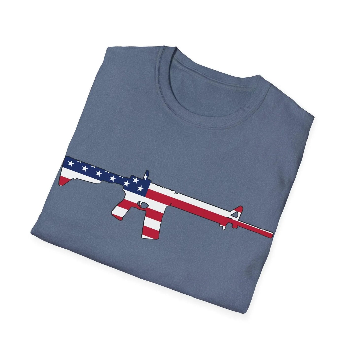 Close-up of the AR American Flag Color Unisex Softstyle T-Shirt collar highlighting the reinforced neckline stitching and