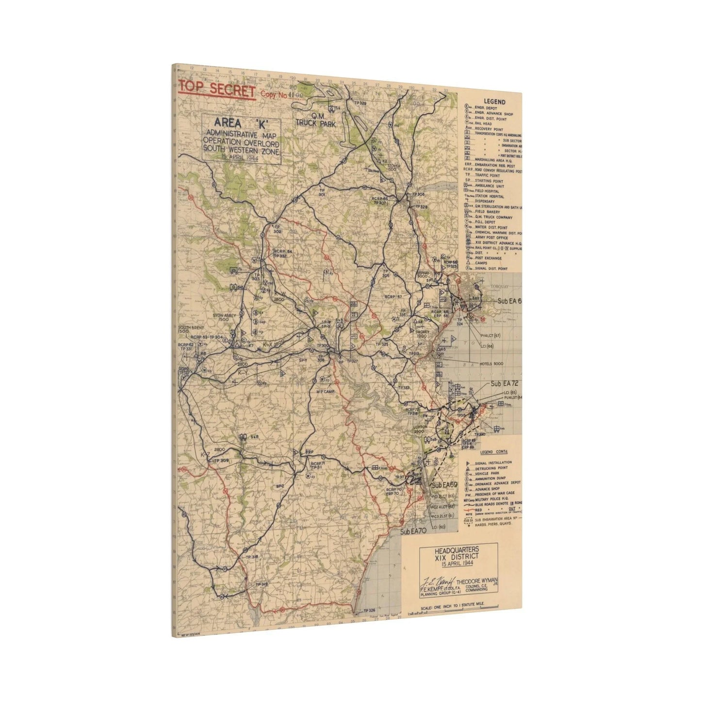 Aerial view highlighting detailed labels and surface texture on the canvas map of Operation Overlord’s South Western Zone