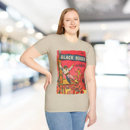 Close-up of the black fabric’s smooth texture and subtle stitching detail along the relaxed fit neckline from a lower angle.