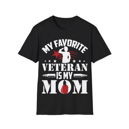 Favorite Veteran Mom unisex cotton crew neck t-shirt with regular fit, navy color, printed design, and printed neck labels