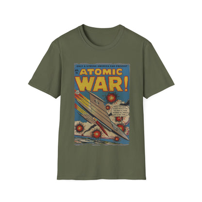 Diagonal close-up of the Atomic War! No 4 T-Shirt's vibrant graphic print on the front, highlighting the relaxed fit and