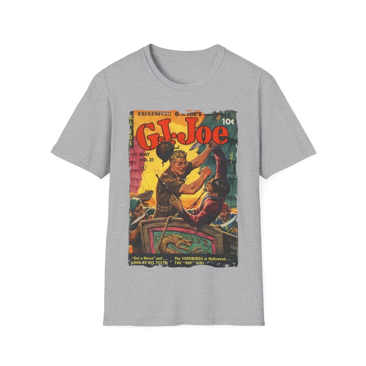 Close-up of the G.I. Joe No.31 unisex softstyle T-shirt’s black crewneck collar highlighting smooth ribbed fabric and