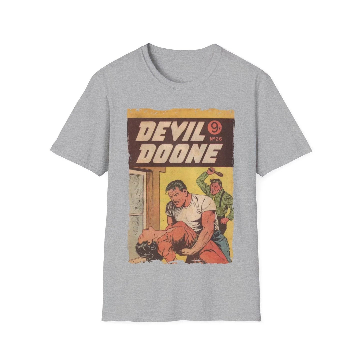 Close-up of the Devil Doone No.26 T-shirt fabric showing soft cotton texture and subtle heather grey color from a slightly