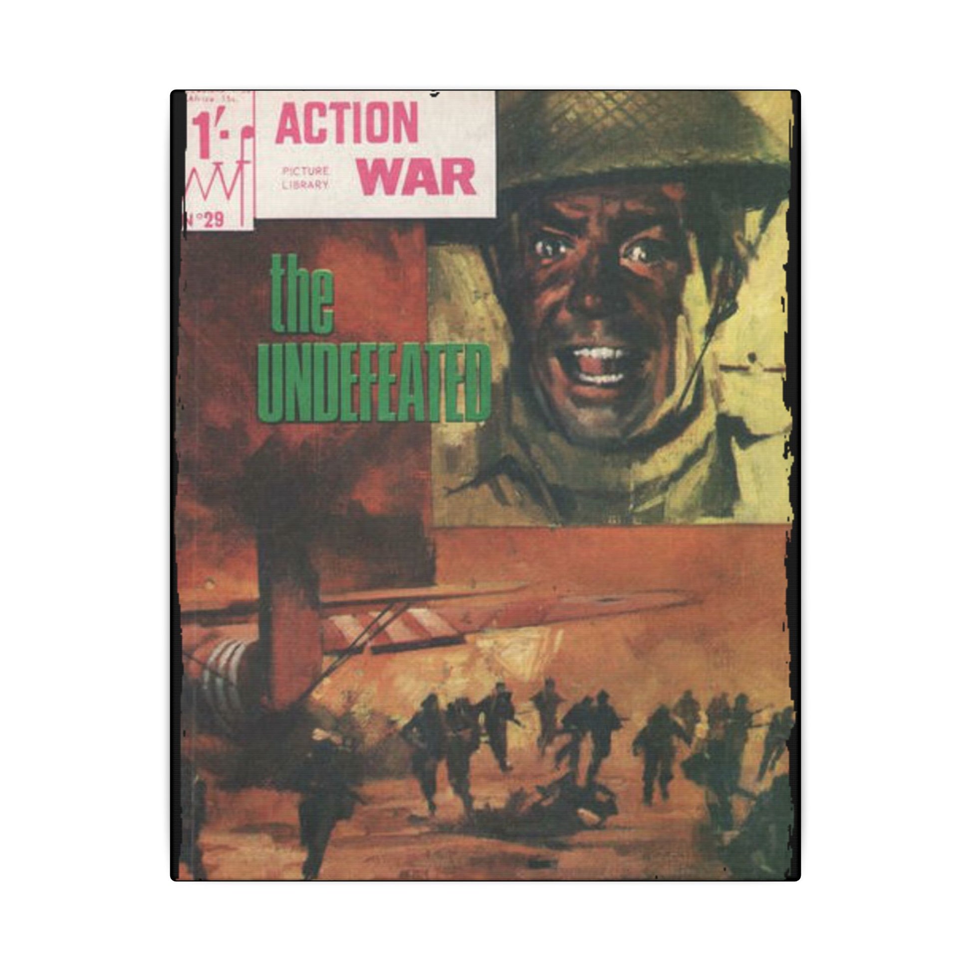 Close-up of the textured canvas surface revealing subtle brushstroke details and vibrant color accenting the Action War #29