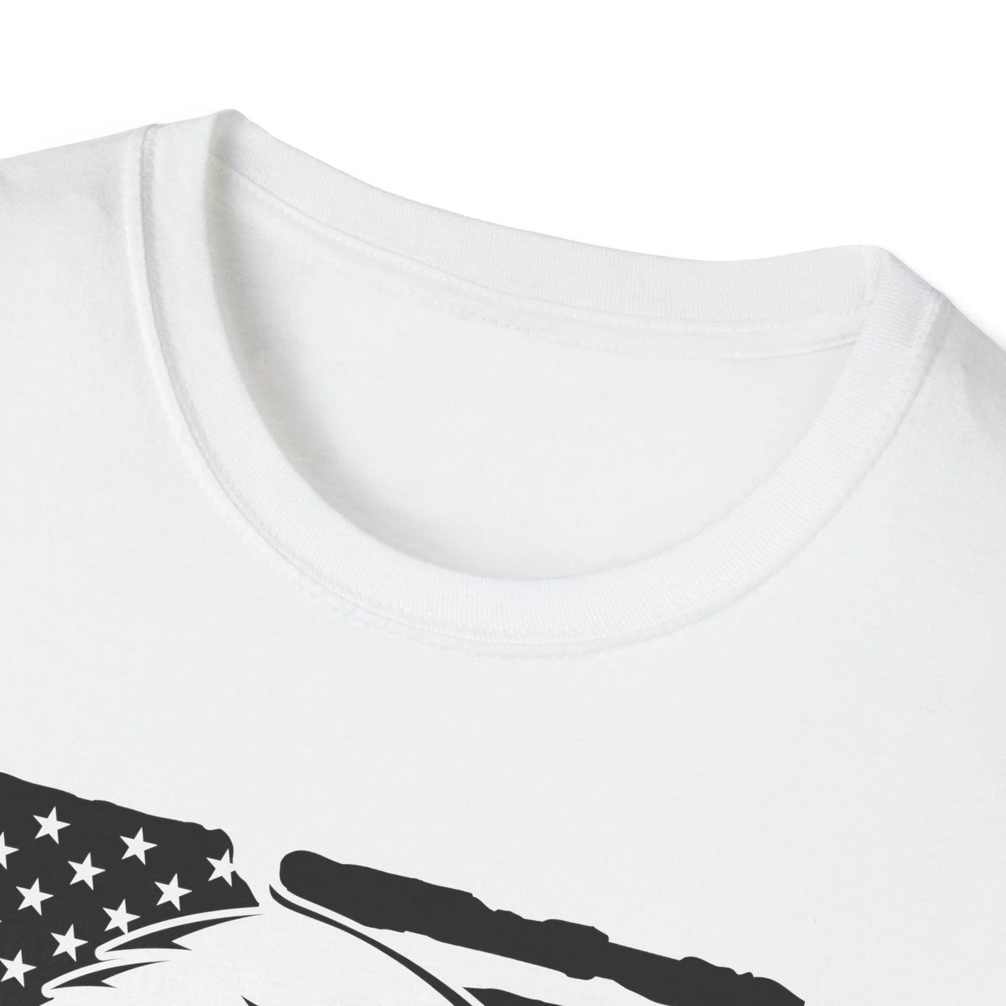 Close-up of the distressed black-and-white American flag eagle print on the front of the unisex softstyle T-shirt