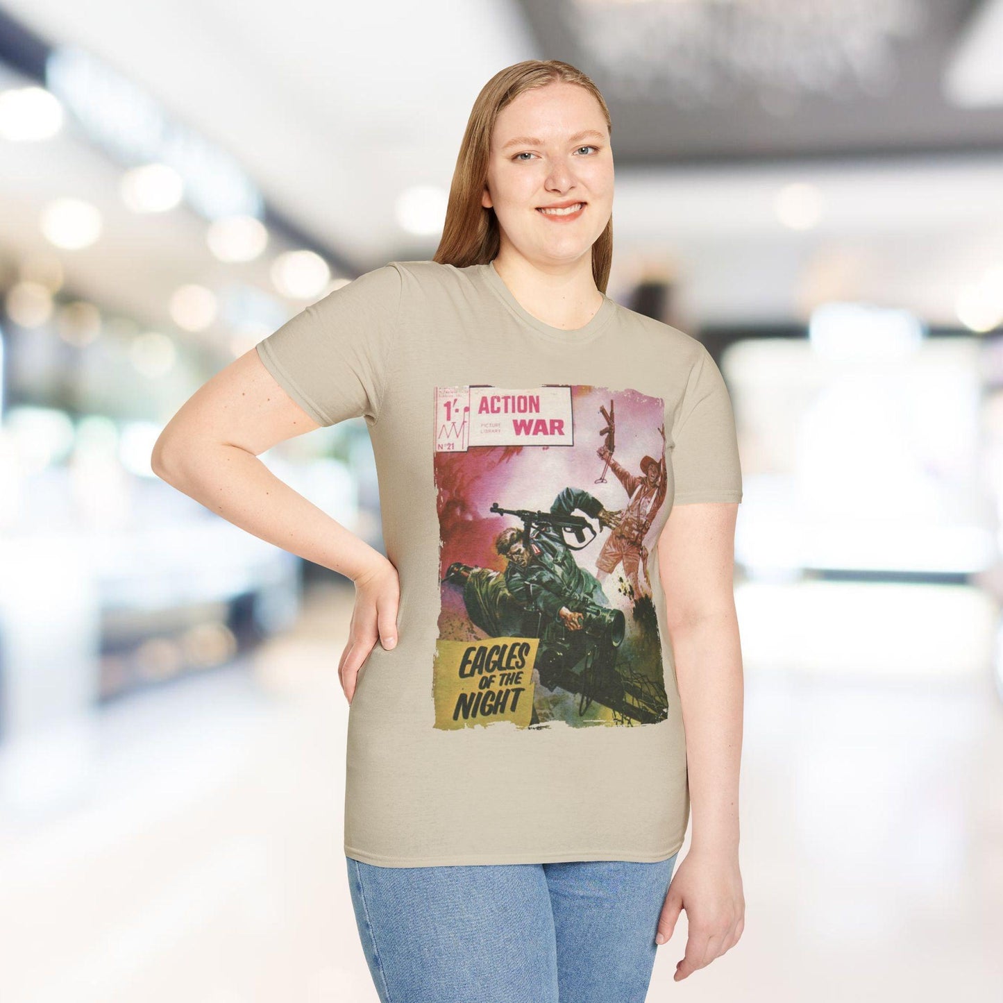 Close-up of the unisex relaxed fit, heather navy cotton T-shirt's soft fabric texture and subtle stitching detail at the