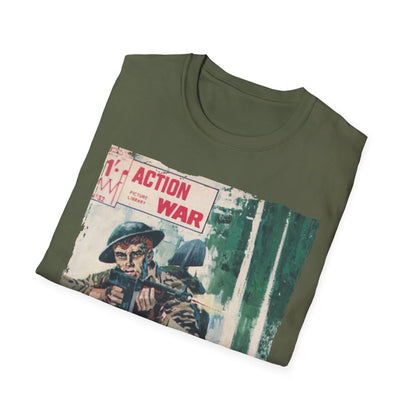 Close-up of the unisex relaxed fit T-shirt’s neckline with reinforced stitching and a bold Action War #32 print detail on