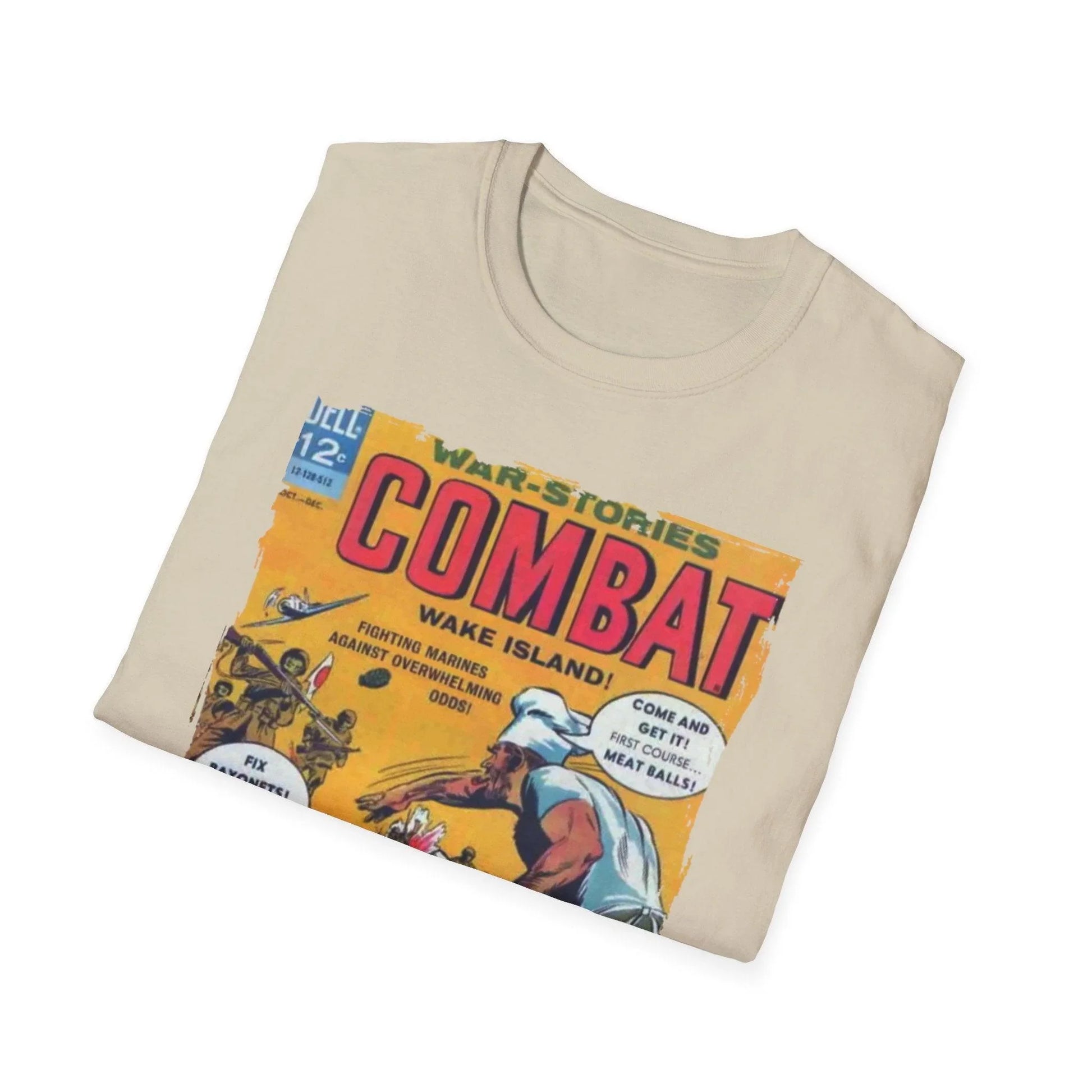 Close-up of the Softstyle cotton fabric displaying subtle heather texture and relaxed fit neckline detail from a slightly