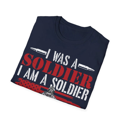Close-up of the soft cotton fabric and reinforced neckline stitching on the unisex "Always Be A Soldier" gray T-shirt