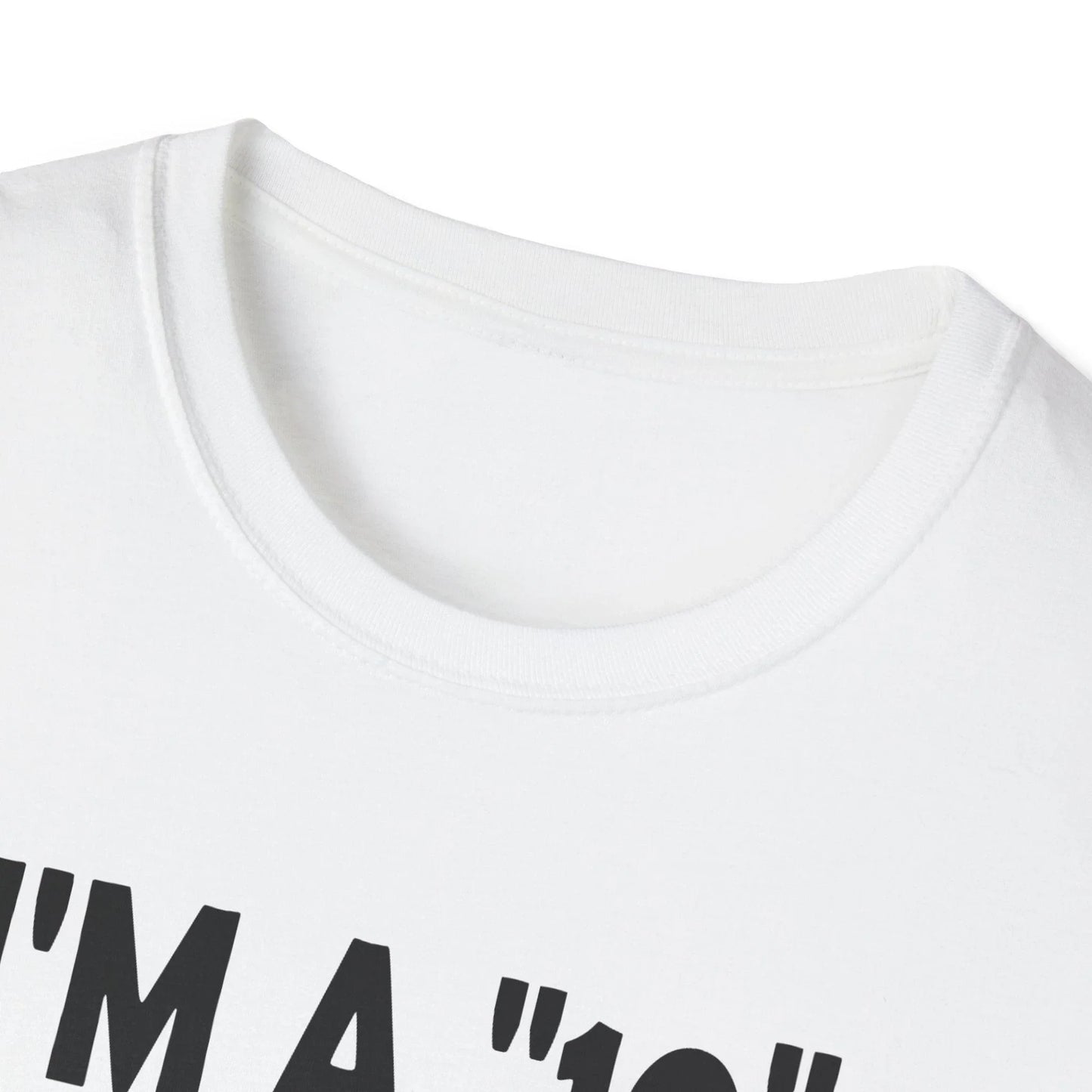 Close-up of the black unisex softstyle cotton T-shirt neckline with visible stitching and tag detail from a front-facing