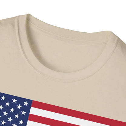 Close-up of the unisex softstyle fabric featuring vibrant red, white, and blue heartbeat American flag design on the chest