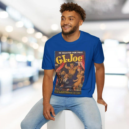 Close-up of the G.I. Joe No.37 unisex softstyle T-shirt's vibrant navy fabric and subtle seam stitching at the shoulder