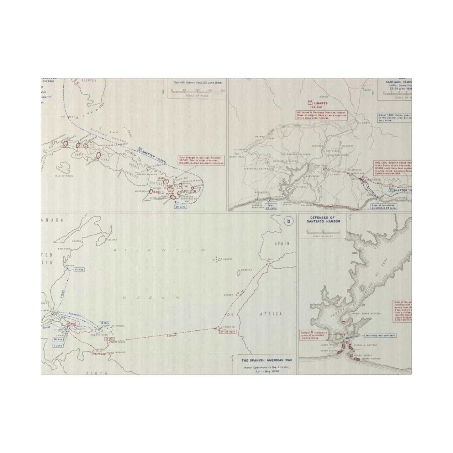 Spanish-American War, Santiago Campaign, Naval Operatoins in the Atlantic Apr-May, Defenses of Santiago Harbor, Spanish Dispositions 20 June, Initial Ops 22-24 June 1898 - Pacific Sky Games