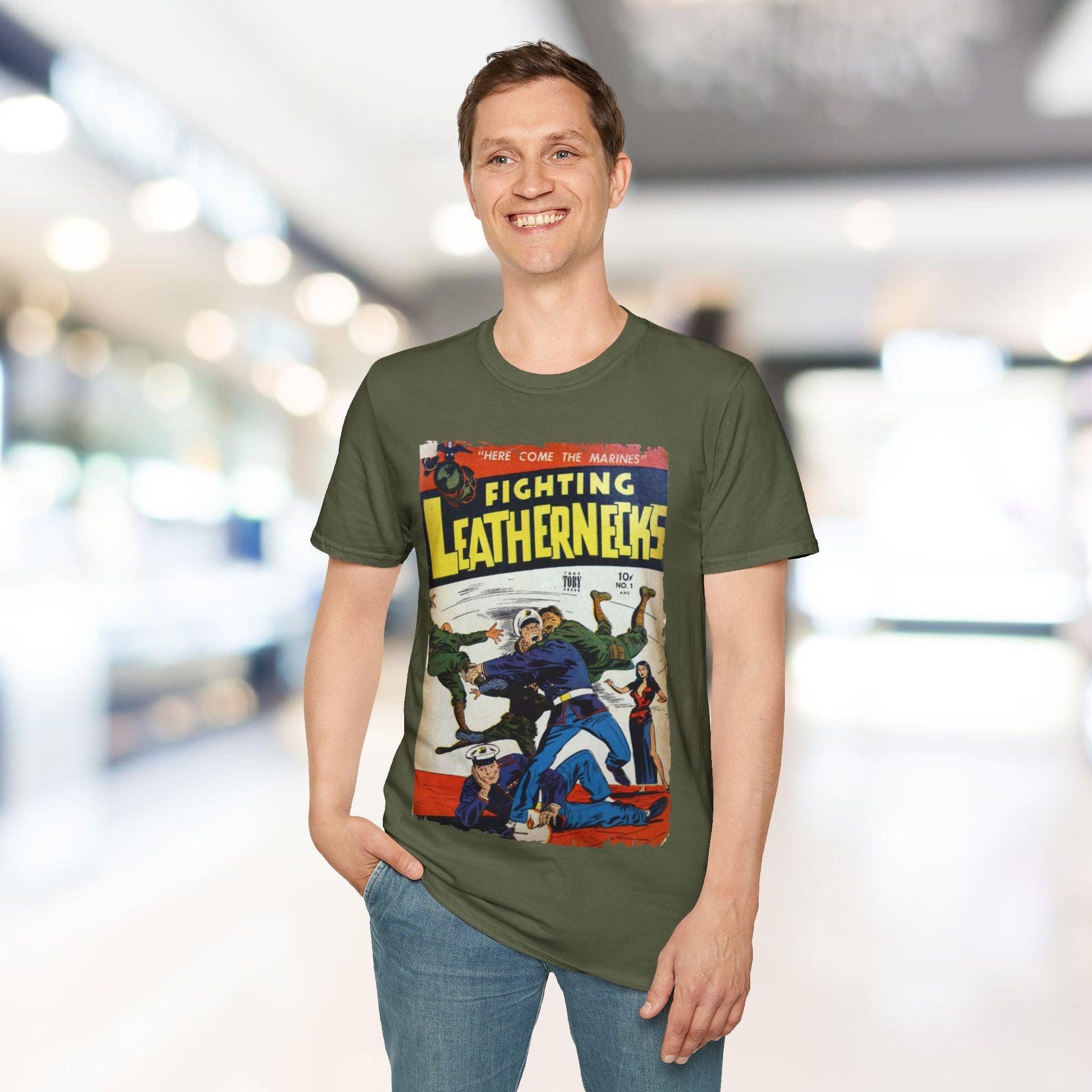 Detail shot of the unisex softstyle T-shirt's relaxed fit collar and subtle stitching in deep navy, highlighting fabric