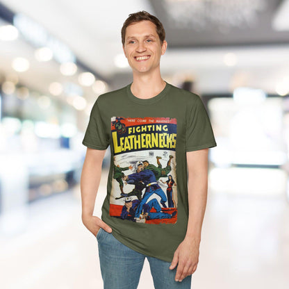 Detail shot of the unisex softstyle T-shirt's relaxed fit collar and subtle stitching in deep navy, highlighting fabric