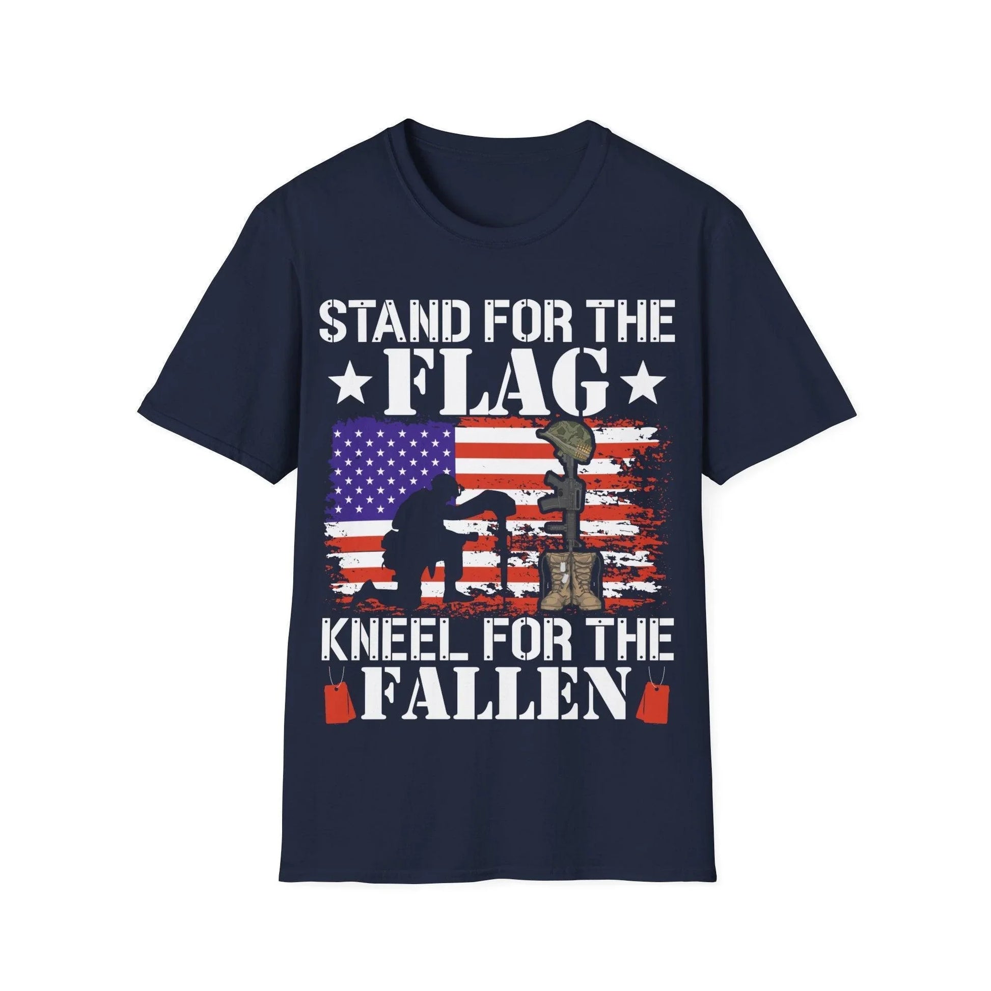 Close-up of the "Kneel For The Fallen" unisex softstyle T-shirt's fabric texture and stitched neckline in olive green color