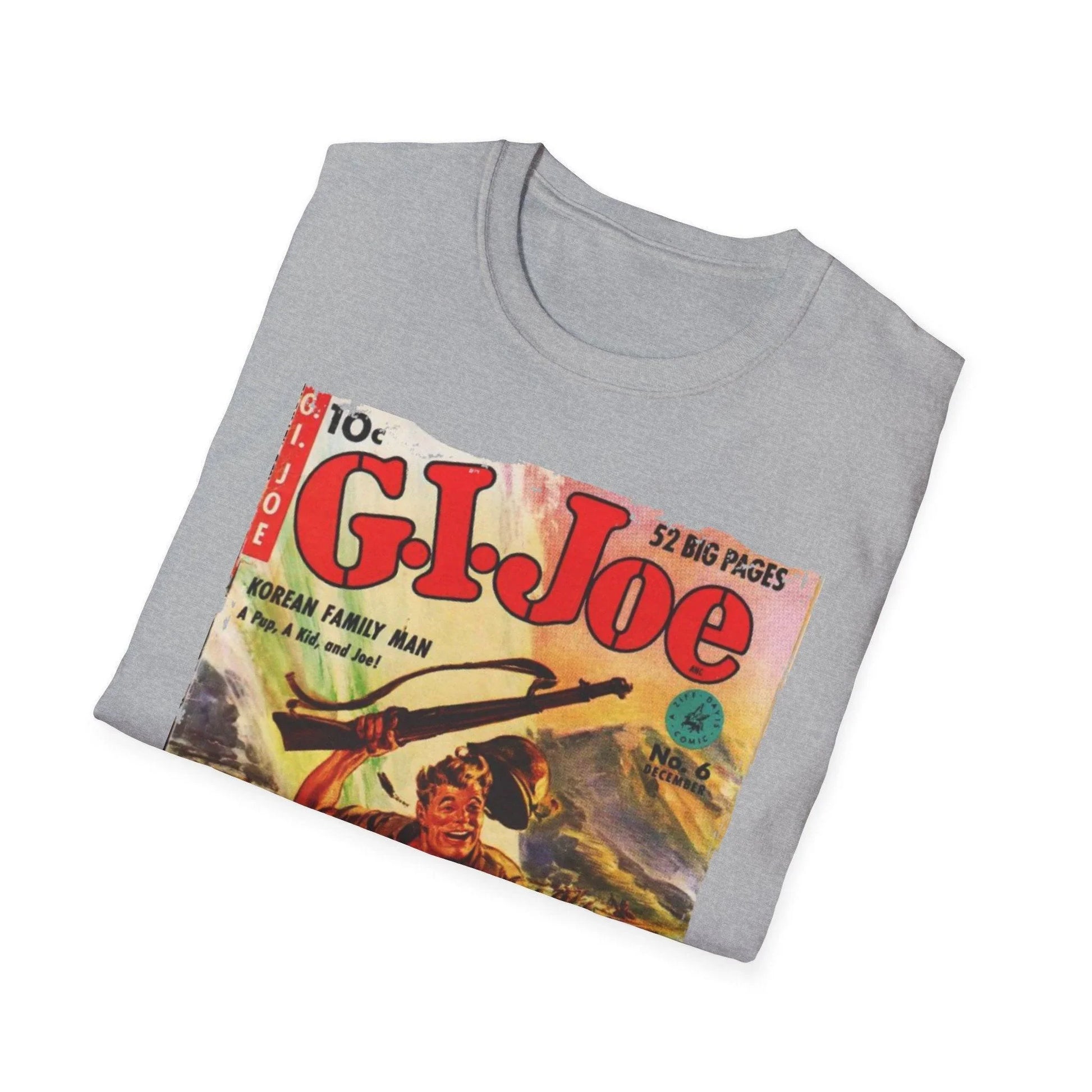 Close-up of the G.I. Joe No.6 softstyle T-shirt's back neckline tag displaying fabric content and size details.