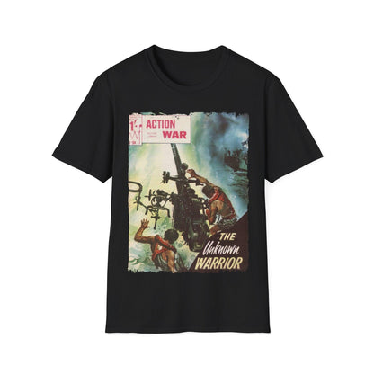 Printify Action War #24 unisex cotton crew neck T-shirt with regular fit, vibrant graphic print on black fabric