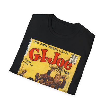 Close-up of the G.I. Joe No.39 unisex softstyle T-shirt's front neckline and chest tag detail in heather navy color
