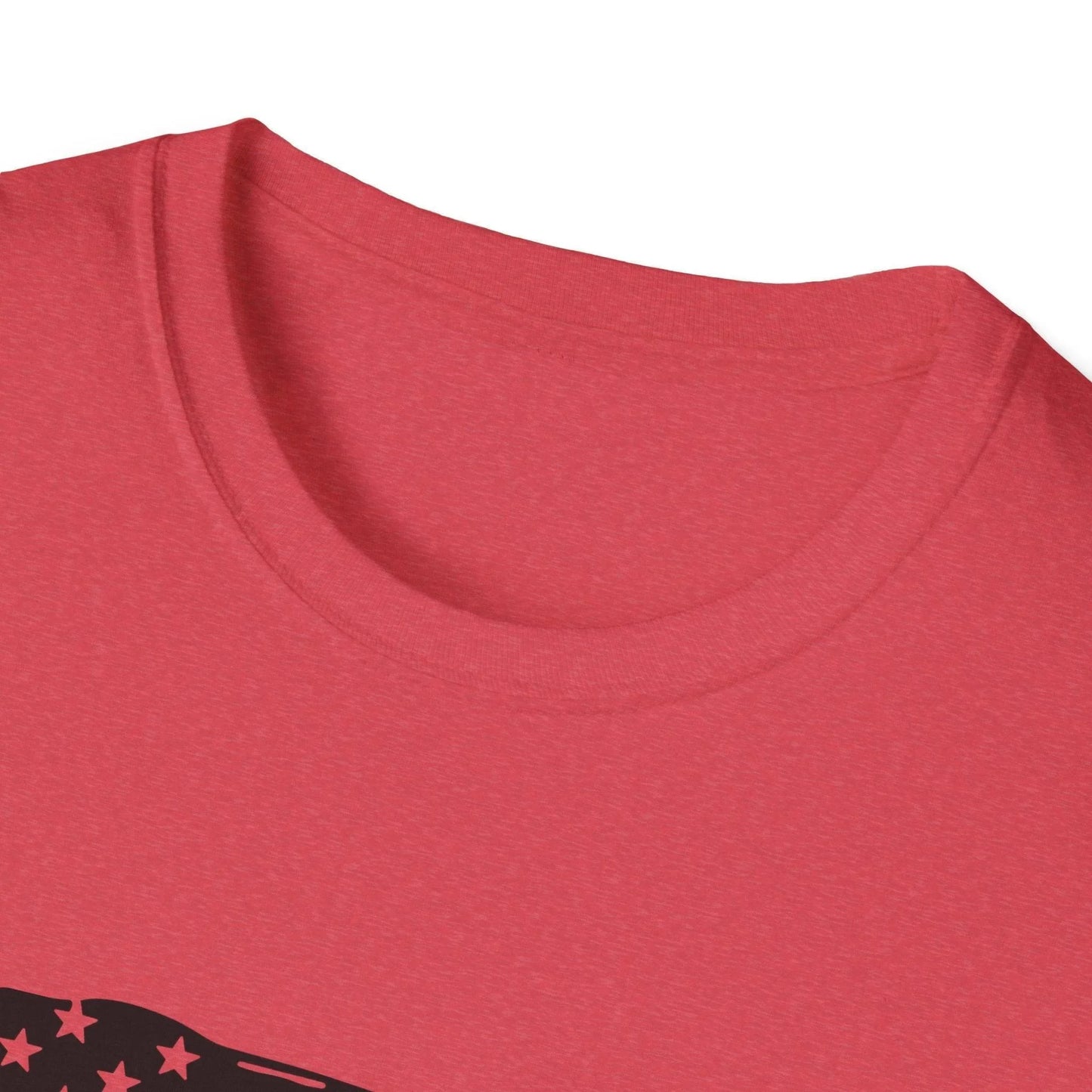 Close-up of the black distressed flag heartbeat graphic on the front of the unisex black softstyle T-shirt showing textured
